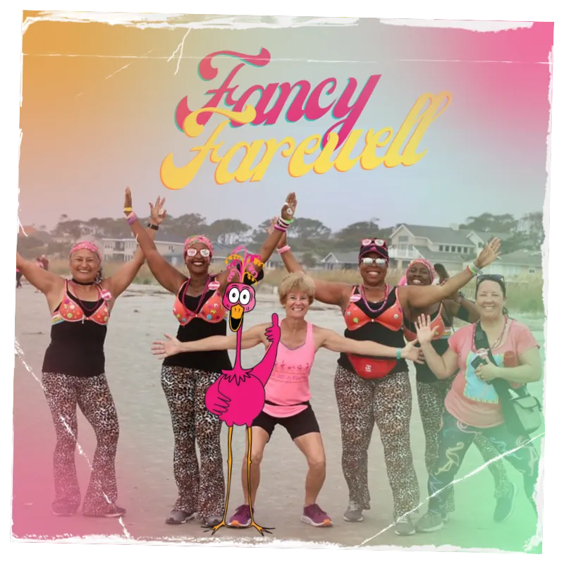 Fancy Farewell: FlockStars in leopard print and pink posing on the beach with a cartoon flamingo.