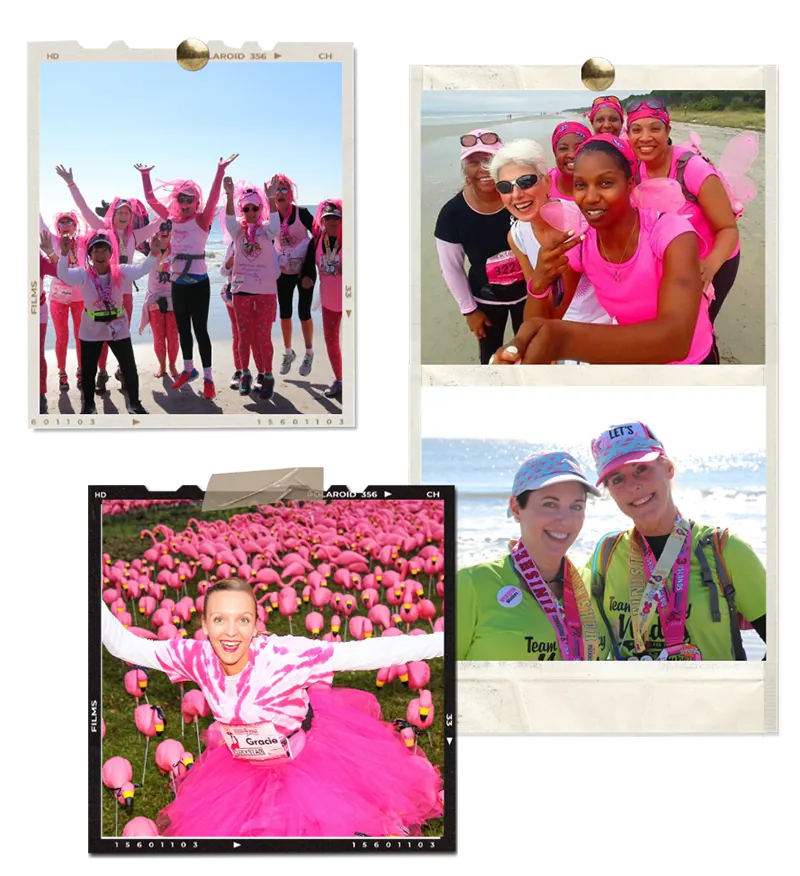 Polaroid collage of FlockStars in pink on the beach, and a walker in a pink tutu among the flamingo display.
