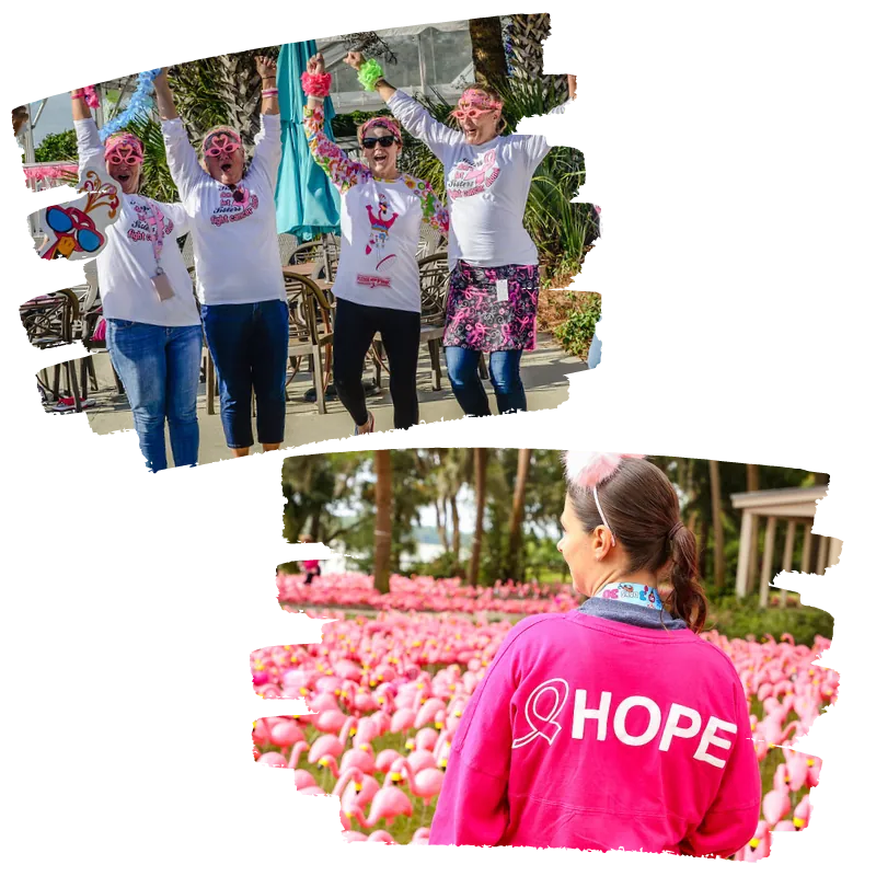 FlockStars cheering in pink sunglasses, and a walker in a pink HOPE sweatshirt looking out over the flamingo display.