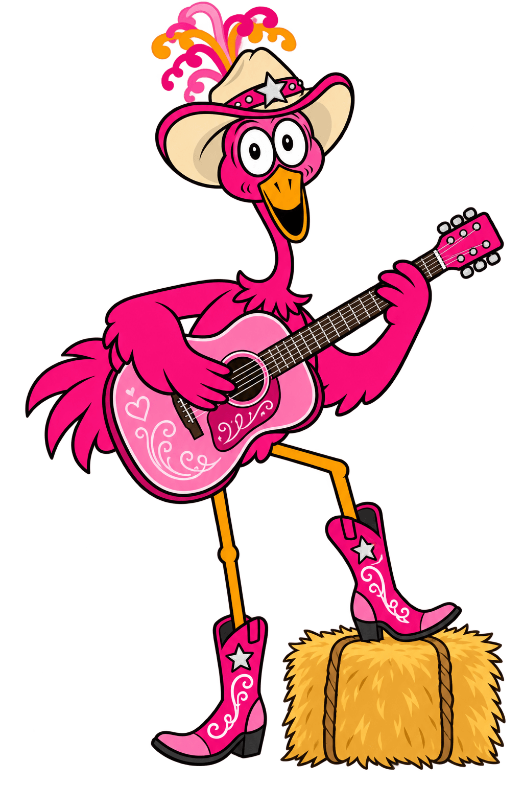 Fancy the pink flamingo in a cowboy hat and pink boots, strumming a pink acoustic guitar with one boot up on a hay bale
