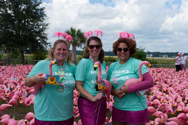 Three FlockStars posing with flamingos